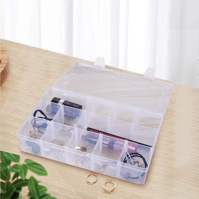 Gospire 15 Large Grids Clear Plastic Jewelry Box Organizer Storage Container with Removable Dividers (15 Grids - Clear)