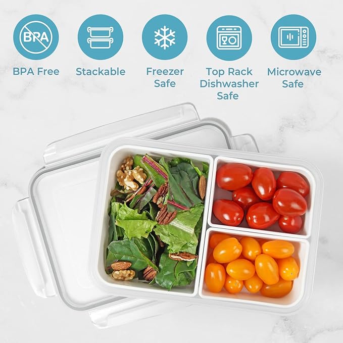 carrotez Food Storage Container with 3 Removable Compartments, Food Prep Container with Airtight Lids, Portion Control Container, Reusable, BPA Free, 6.3 Cup (1500ml)