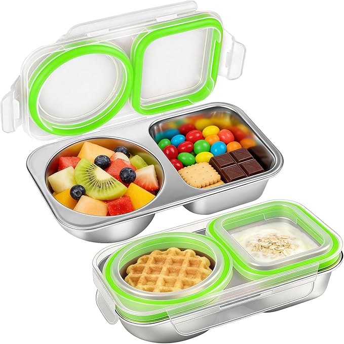 2Pack Stainless Steel Snack Containers with Lids, 13oz 2 Compartment Snackle Box, Leakproof Reusable Bento Box Metal Lunch Container Food Storage for Travel, Picnics, Office (Green)