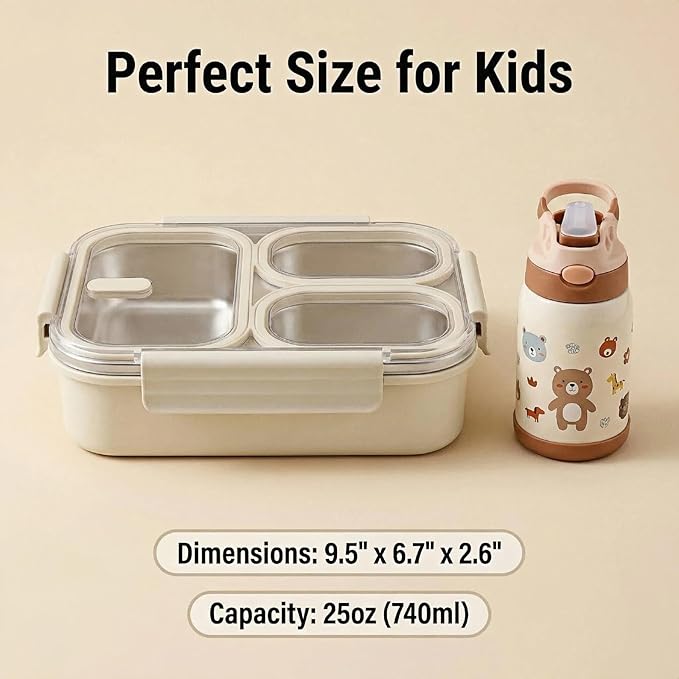 Stainless Steel Lunch Box for Kids, 3-Compartment Bento Box with Lid | Leakproof, Eco-Friendly Metal Food Container for School, Work, Picnic | Easy to Clean & Microwave Safe (White)