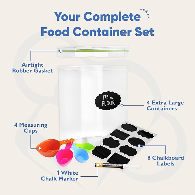 Chef's Path Kitchen Storage Box Set of 4 Extra Large Airtight Food Storage Jars for Sugar Flour Cereal Rice - Measuring Spoons, Pen and Food Preservation Labels (5.2 L)