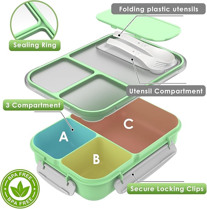 WHALEHOUSE Large Capacity Bento Box for Adult, 1700ML 3 Compartments Lunch Box with Utensil, Airtight Food Container with Lids for Meal Prep, Microwave/Dishwasher/Freezer Safe, On the Go (Green)