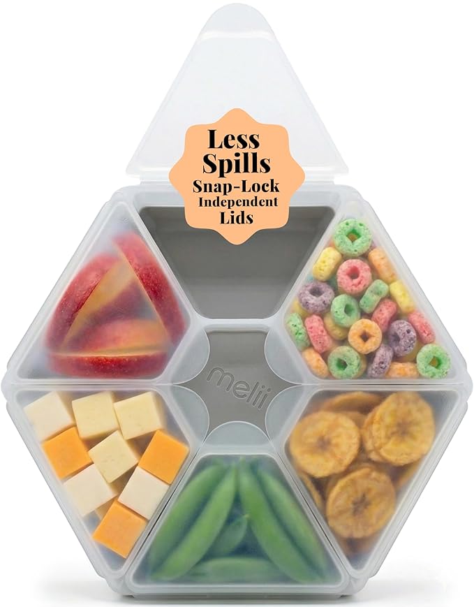 melii Hexagonal Snackle Box | 6 Compartment Snack Container with Individual Snap-Lock Lids, Easy-Grip Design for Kids & Adults, Portion-Control Food Storage for Lunch, Travel & On-the-Go (Grey)
