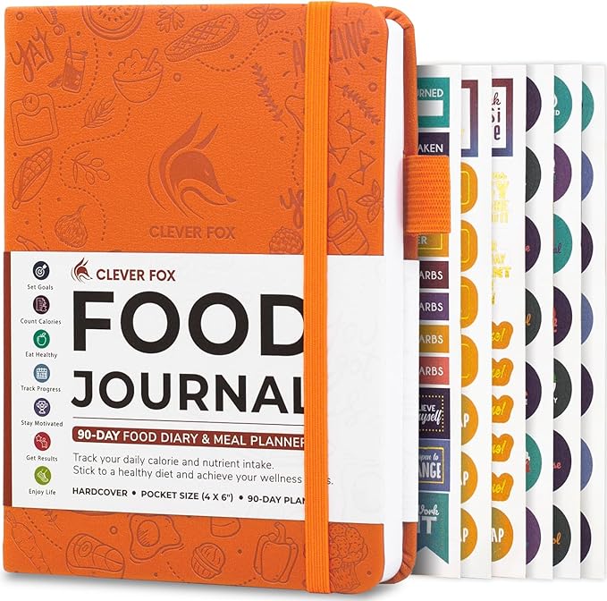 Clever Fox Food Journal Pocket - Daily Food Diary, Meal Planner to Track Calories & Nutrients, Weight Loss Tracker Notebook, 4x5.5” (Orange)