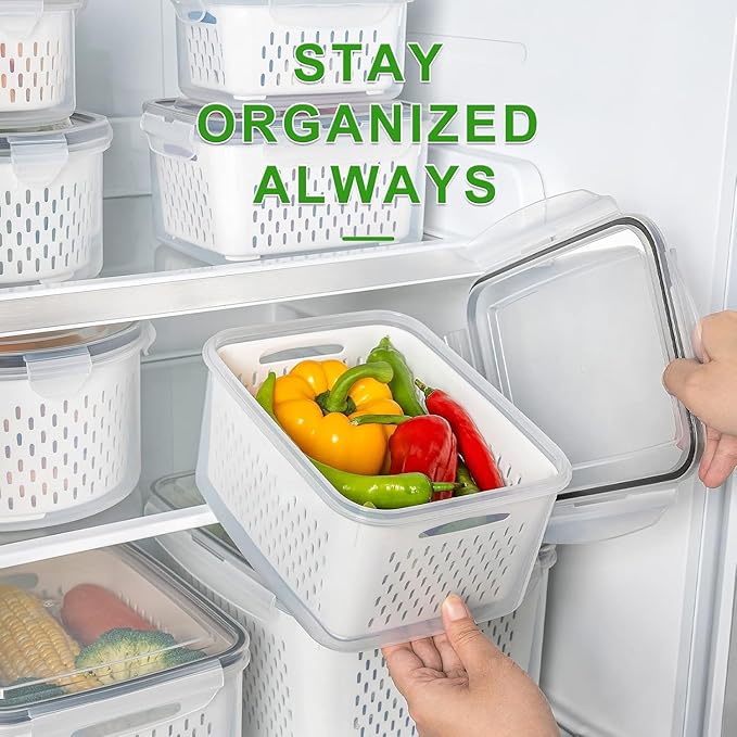 5 PCS Fruit storage Containers for Fridge with Removable Colander and Chopper Set, Leakproof Food Storage Containers with lids, Dishwasher & Microwave Safe Produce Containers to Keep Fruits Fresh ﻿