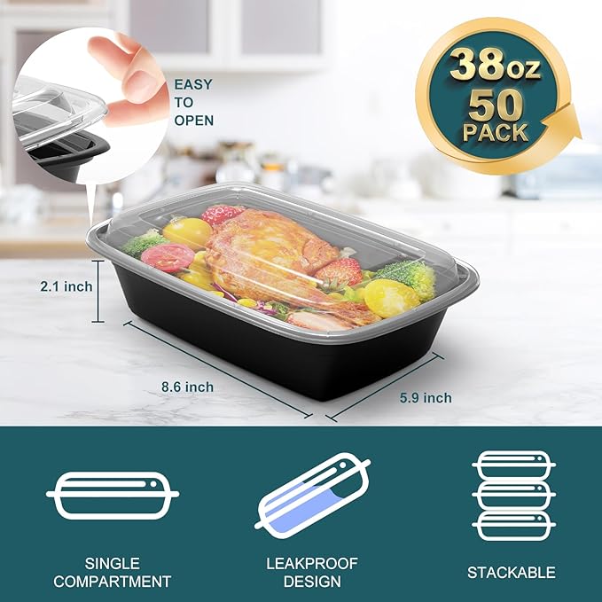 WGCC Meal Prep Containers, 50Pack [38OZ] Food Storage Containers With Lids, Reusable Food Prep Containers, To Go Containers With Lids, BPA-free, Stackable, Microwave/Dishwasher/Freezer Safe