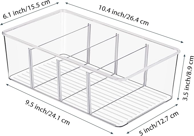 Vtopmart 4 Pack Food Storage Organizer Bins, Clear Plastic Bins for Pantry, Kitchen, Fridge, Cabinet Organization and Storage, 4 Compartment Holder Packets, Snacks, Pouches, Spice Packets