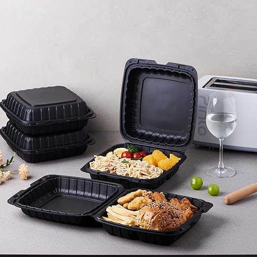 FULING 9X9 3-Compartment 50-Pack Plastic Clamshell Takeout Food Trays Heavy Duty Togo Disposable Box For Pasta Salad Sandwich Carryout Hinged Containers With Secure Snap Lid