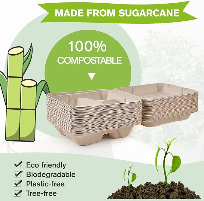 ECOLipak 50 Pack Clamshell To Go Containers, 100% Compostable Disposable Take Out Food Containers, 8X8 3-Compartment Heavy-Duty To Go Boxes,Eco-Friendly Biodegradable To Go Containers For Food