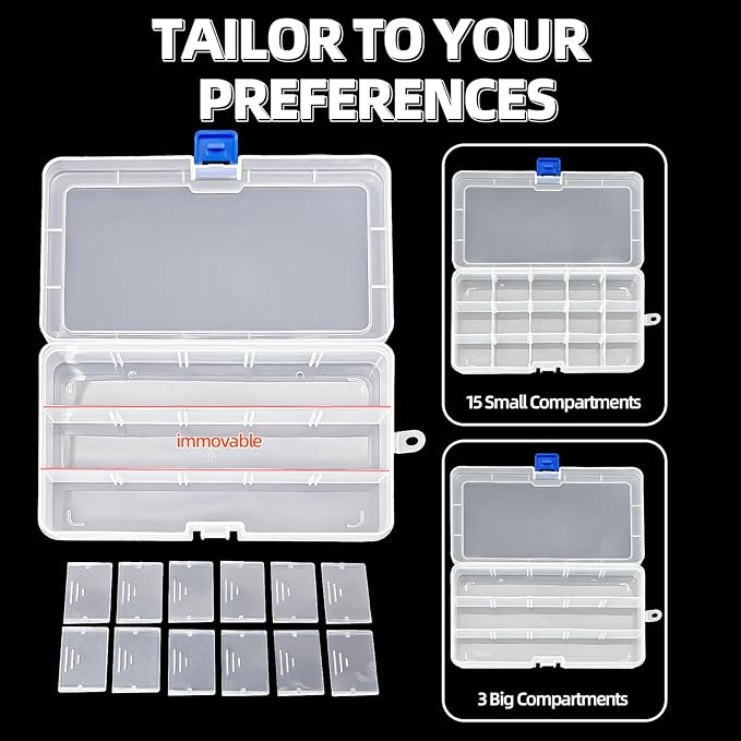 DUOFIRE Plastic Organizer Container Storage Box Adjustable Divider Removable Grid Compartment for Jewelry Beads Earring Container Tool Fishing Hook Small Accessories（15 grids，White x 2）