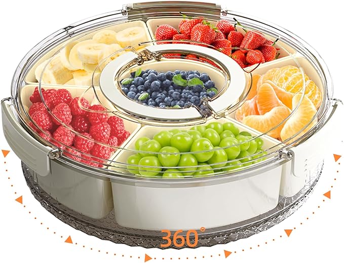 Divided Serving Tray with Lid and Handle, Stackable Snackle Box Container for Fruits Candy Organizer, Portable Spinning Rounded Veggie Tray for Kitchen, Party, Trave and Picnic-1 PACK