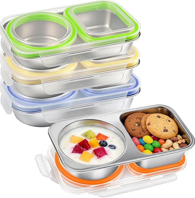 4 Pack Stainless Steel Snack Containers with Lids, 13oz 2 Compartment Reusable Snack Boxes, Leakproof Metal Bento Lunch Box Divided Food Storage Containers for Travel, Home, Work