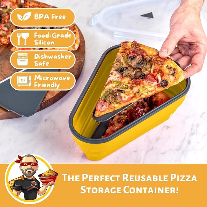PIZZA PACK The Perfect Reusable Pizza Storage Container with 5 Microwavable Serving Trays - BPA-Free Adjustable Pizza Slice Container to Organize & Save Space, 2 Pack, Yellow