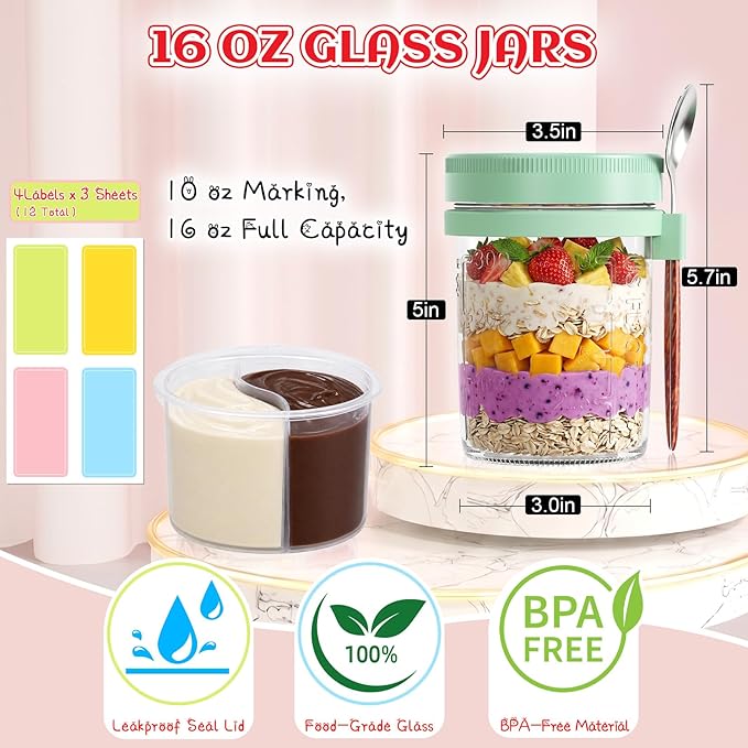 4 Pack Overnight Oats Containers with Lids and Spoons, 16 oz Glass Mason Jars with Removable Topping Cups, Airtight Yogurt Containers for Parfait, Chia Pudding, Fruit, Cereal, Salad Meal Prep