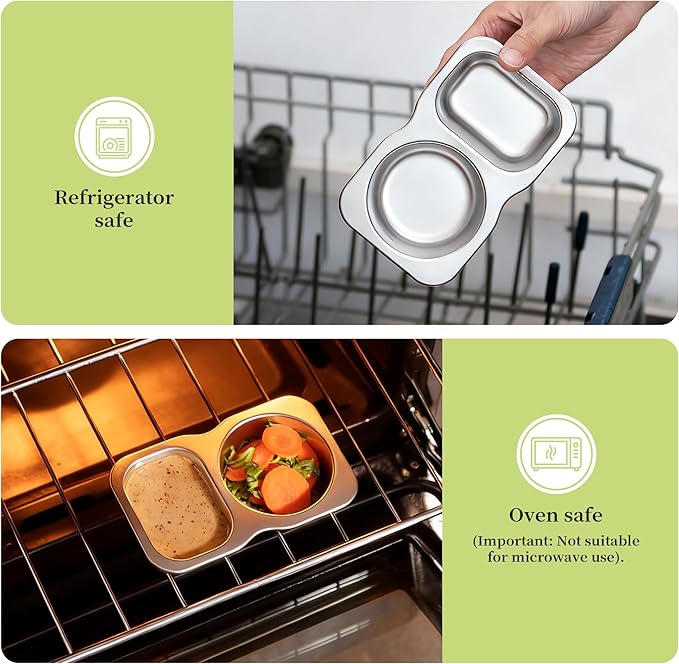 2 Pack Stainless Steel 2-Compartment Small Snack Containers with Lids 5.3oz Lunchable Meal Prep Containers for Adult Reusable Divided Stackable Bento Lunch Box Accessories for Home Travel