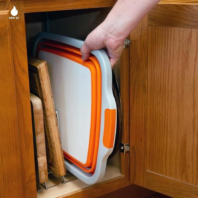 Drip EZ Collapsible BBQ Prep Tubs 2-Piece Set - For Meal Prep Marinating Food Storage - Includes Cutting Board & Lid - (1) OG + (1) XL - Orange
