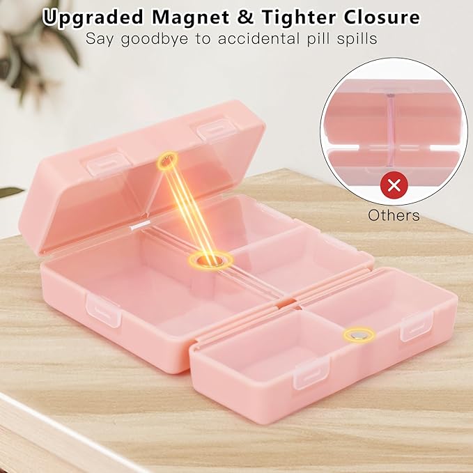 FYY Daily Pill Organizer,2 Pcs 7 Compartments Portable Pill Case Travel Pill Organizer,[Folding Design] Pill Box for Purse Pocket to Hold Vitamins,Cod Liver Oil,Supplements and Medication-Pink+Navy