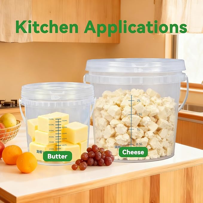 4 Pack 34 Clear Plastic Buckets with Secure Pressure Lids - Food Safe Storage Containers with Tear Strip & Blue Lines, Ideal for Food, Soup, Freezer Storage