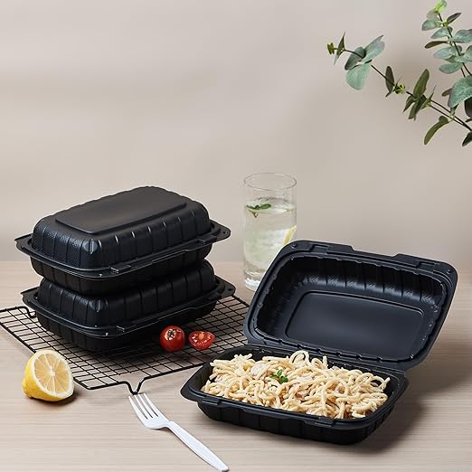 FULING 9X6 1-Compartment 50-Pack Plastic Clamshell Containers Food To Go Box Heavy Duty Disposable Hinged With Secure Snap Lid