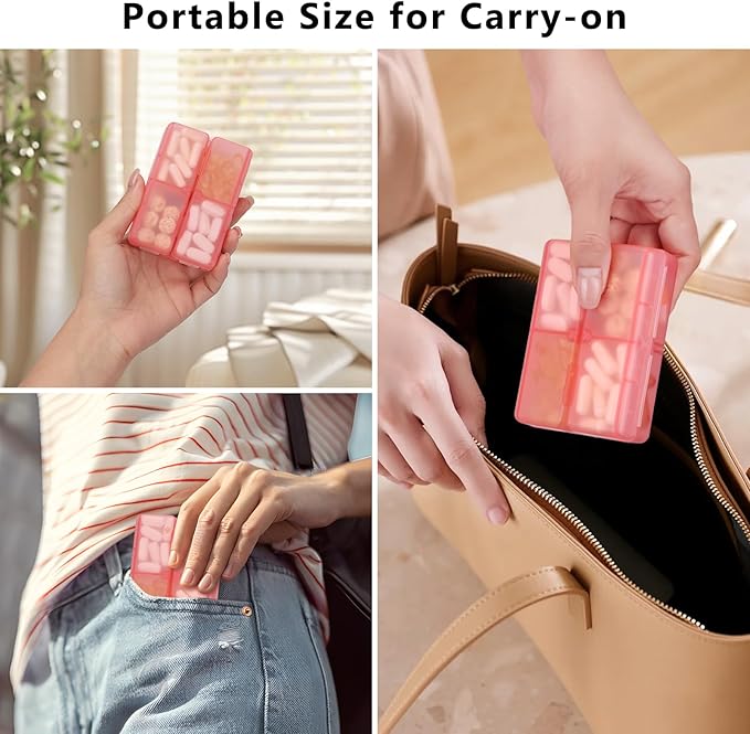 FYY Daily Pill Organizer, 7 Compartments Portable Pill Case Travel Pill Organizer,[Folding Design] Pill Box for Purse Pocket to Hold Vitamins,Cod Liver Oil,Supplements and Medication-Clear Red