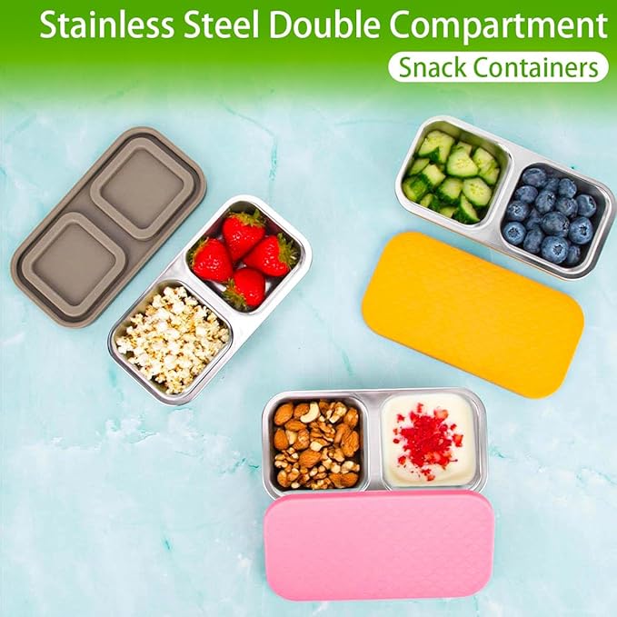 SUMERX 3 Pack Stainless Steel Snack Containers, 2 Compartment Snack Containers with Lids, Reusable Food Storage Containers with Lids for Travel, Outdoor, Camping