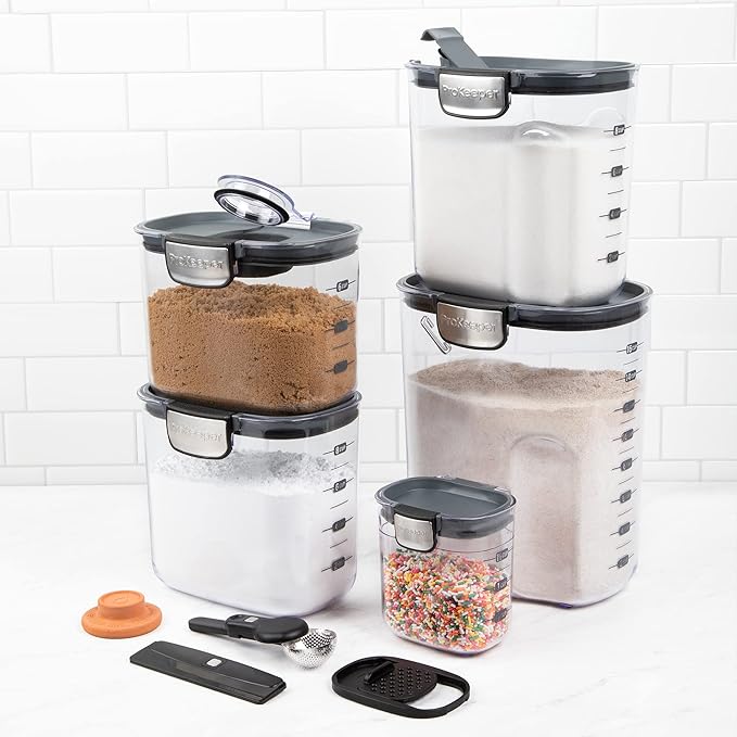 ProKeeper+ Airtight Food Storage Container Set – Clear Plastic Flour and Sugar Canister Set with Magnetic Accessories for Kitchen Organization (Grey, 9-Piece)