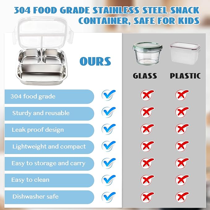 2 Pack Stainless Steel Snack Containers, 3 Compartments Reusable on the go Bento Box with Lids for Kids, Lunch Box Pre Meal Storage for School Outdoor Camping Travel - White & Blue