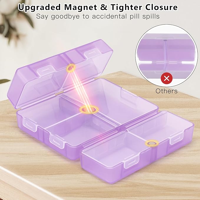 FYY Daily Pill Organizer, 7 Compartments Portable Pill Case Travel Pill Organizer,[Folding Design] Pill Box for Purse Pocket to Hold Vitamins,Cod Liver Oil,Supplements and Medication-Clear Purple