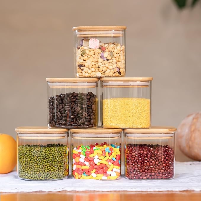 Glass Food Storage Jars 27oz Set of 6,Glass Storage Containers Clear Glass Food Canister with Bamboo Lid Airtight For Serving Tea, Coffee, Flour, Sugar, Candy, Cookie, Spice and More (Square)