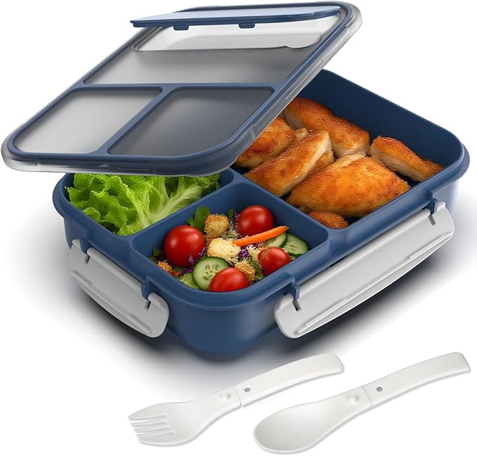 WHALEHOUSE Large Capacity Bento Box for Adult, 1700ML 3 Compartments Lunch Box with Utensil, Airtight Food Container with Lids for Meal Prep, Microwave/Dishwasher/Freezer Safe, On the Go (Dark Blue)