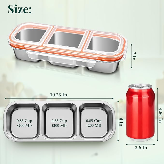QCQHDU Snack Containers, Reusable Stainless Steel 3 Compartment Condiment Metal Bento Lunch Box with Lids, Divided Snack Food Storage Lunchable Containers for Home, Work, Travel, Camping, 3 Pack