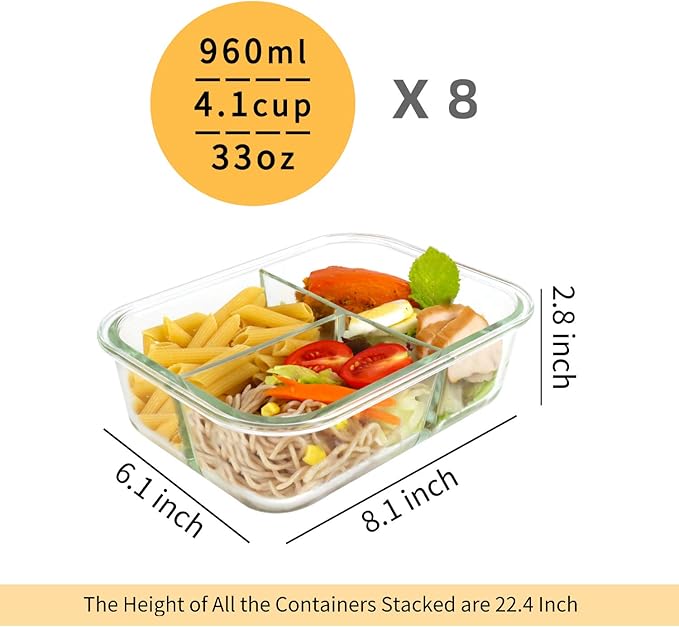 Bayco 8 Pack Glass Meal Prep Containers 3 Compartment, Glass Food Storage Containers with Lids, Airtight Lunch Bento Boxes, Leak Proof (8 lids & 8 Container) - Grey
