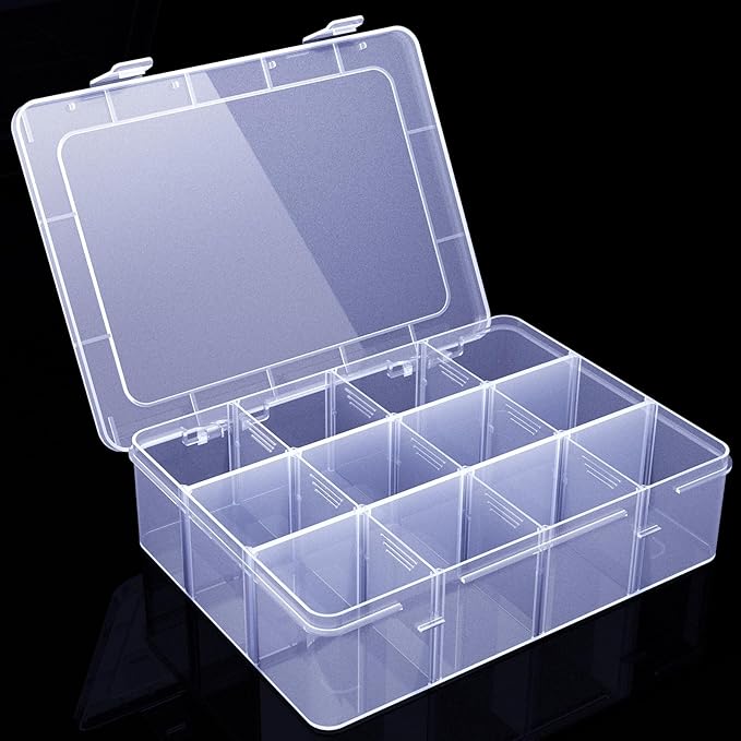 Plastic Organizer Tackle Box, 12 Grids Clear Bead Organizer Compartment Box with Removable Dividers for Snackle box,Parts, Earring Tool Fishing Hook Hair Accessories,8.8" L x 6.4" W x 2" H