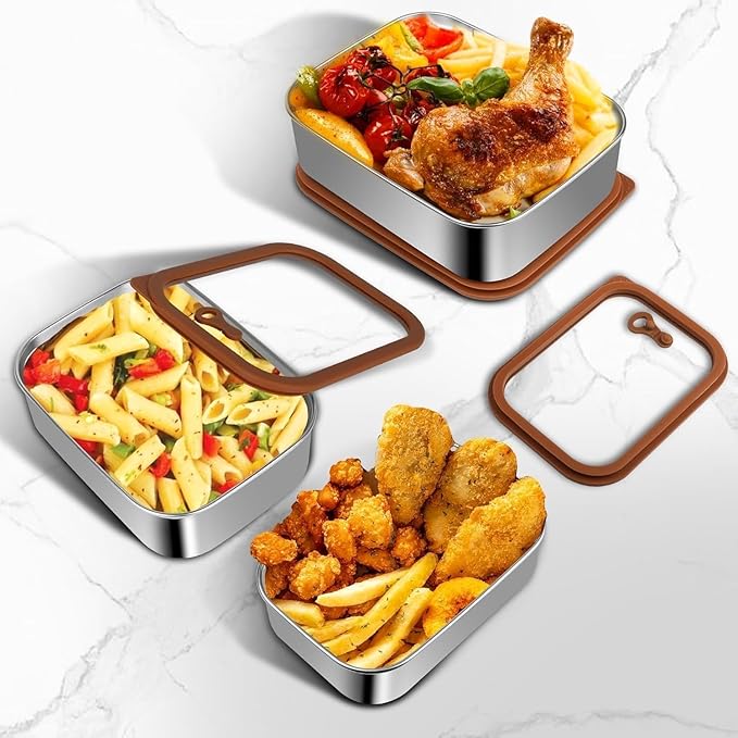 304 Stainless Steel Food Storage Containers - Heat-Resistant Glass Lid Set for Secure Meal Prep, Ideal for Cooking, Office & Camping (3pcs-21 oz, 42 oz and 70 oz)