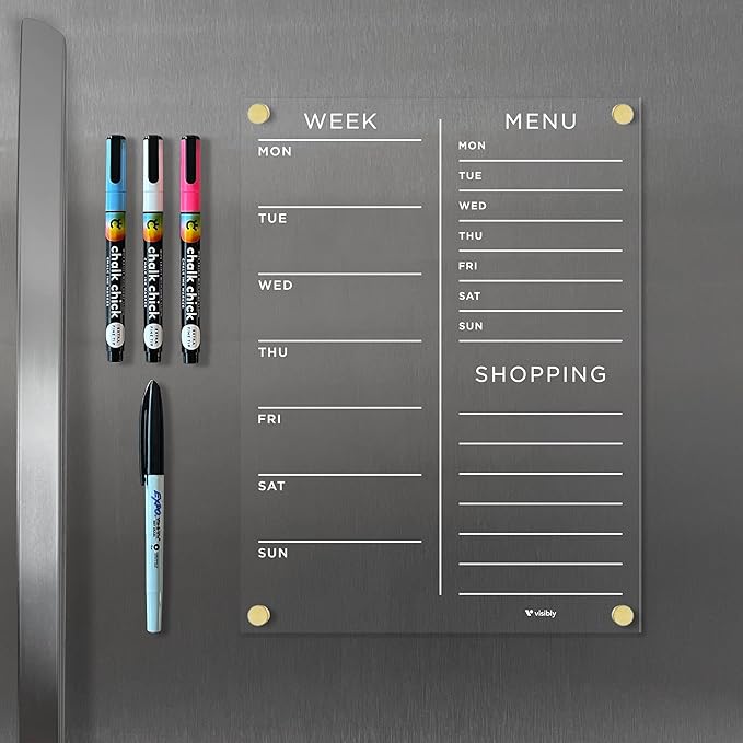 Magnetic Acrylic Meal Planner, Menu & Shopping List Board for Fridge, 9” x 12” Clear Refrigerator Organizer, Includes 4 Magnetic Wet-Erase Markers, Gold Corner Magnets