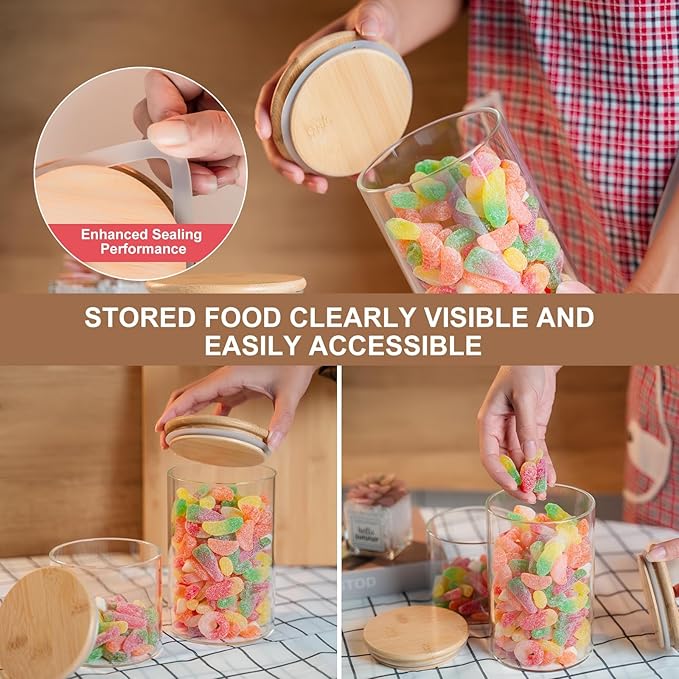 YUNCANG Glass Food Storage Jars 50oz [Set of 6],Clear Glass Food Storage Containers with Airtight Bamboo Lid Stackable Kitchen Canisters for Candy,Cookie,Rice,Sugar,Flour,Pasta