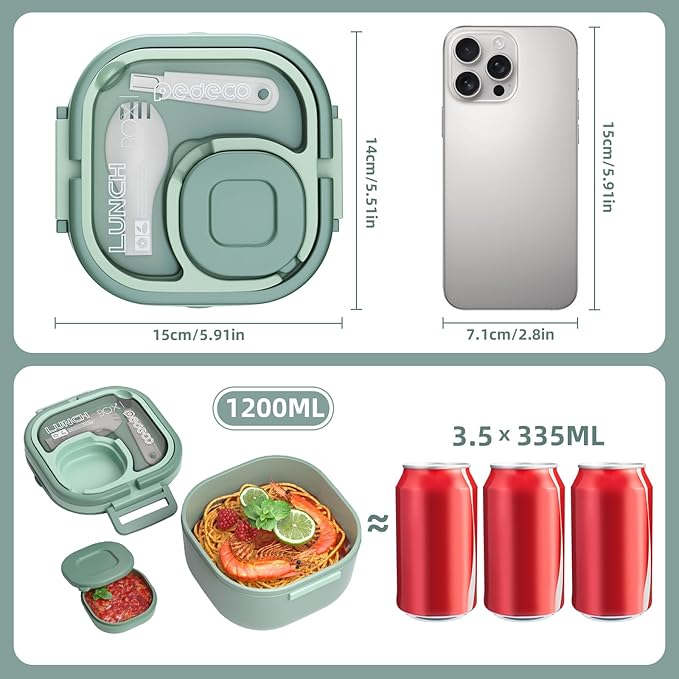 PEDECO Luch Box Set Stackable Stainless Steel Bento Box with Insulated bag,Leak-Proof,1-Tier Bento box,Lunch Box With Portabl Sauce Pod and Cutlery-for Kids/Toddler,Dishwasher Safe,Green