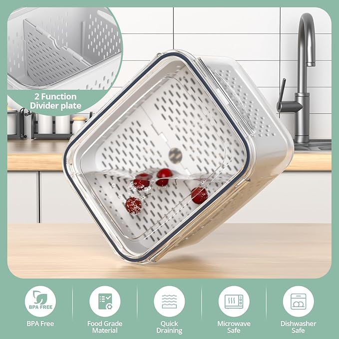 Fruit Storage Containers for Fridge with Removable Colander, 8 Pack Fruit Containers for Fridge with 2 Function Divider Plate, Airtight Storage Container to Keep Berry Fruit Fresh, Dishwasher Safe