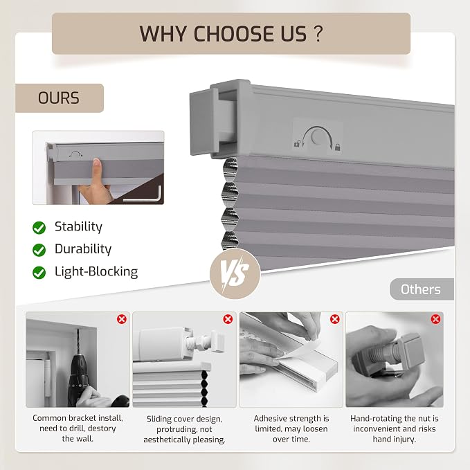 Grandekor No Tools No Drill Cordless Cellular Shades, UV Protection Privacy No - Image 5