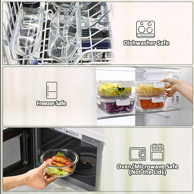 24-Piece Glass Food Storage Containers with Upgraded Snap Locking Lids,Glass Meal Prep Containers Set - Airtight Lunch Containers, Microwave, Oven, Freezer and Dishwasher,White