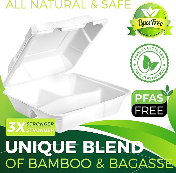 75 Pack Clamshell To Go Containers (3 Compartment - 8”x8”), Heavy Duty Disposable Take Out Containers with Lids, 100% Composatble Made of Plant Fiber, White