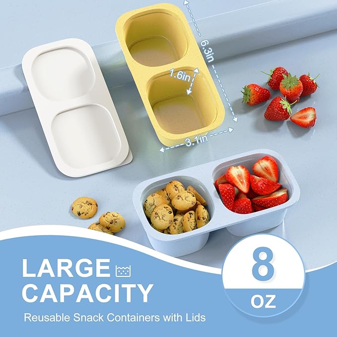2 Compartment Snack Pack Containers for Kids, 5 Pack Reusable Snack Containers with Lids, Toddler Snack Containers, BPA-Free, Microwave Dishwasher Safe, Lunchbox Accessories for Travel