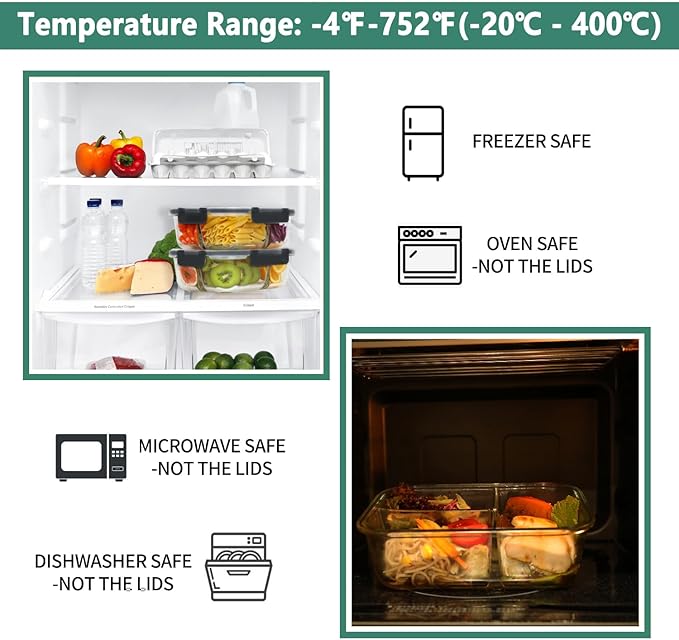 HOMBERKING 8 Pack Glass Meal Prep Containers 3 Compartment, 36oz Glass Food Storage Containers with Lids, Airtight Lunch Bento Boxes, BPA-Free & Leak Proof (8 lids & 8 Container) - Black