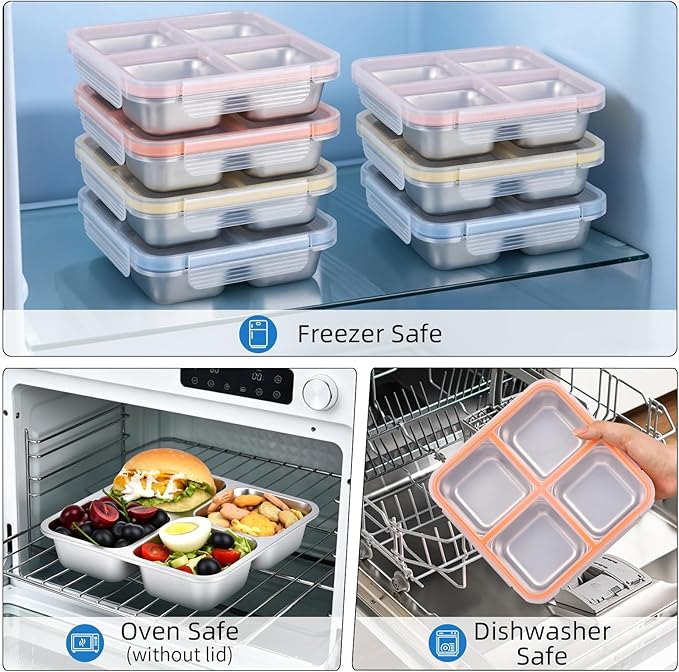 Stainless Steel Snack Containers with Lids, 4 Pack 4 Compartment Meal Prep Containers, Reusable Bento Box with Assorted Colors, Food Storage for Lunch, Work (Pink/Blue/Orange/Yellow)