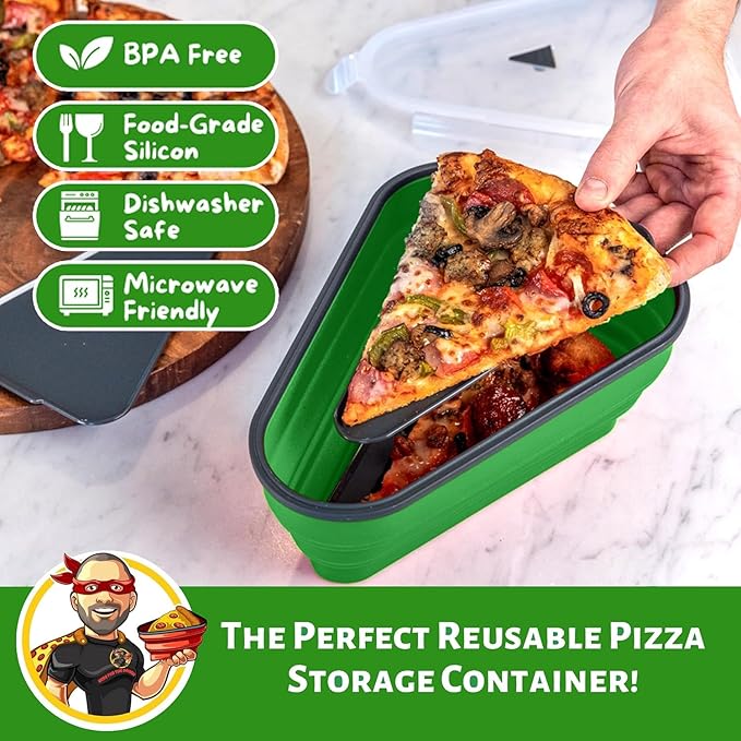 PIZZA PACK The Perfect Reusable Pizza Storage Container with 5 Microwavable Serving Trays - BPA-Free Adjustable Pizza Slice Container to Organize & Save Space, 2 Pack, Green