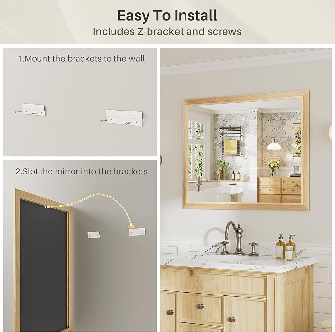 40x32 Inch Bathroom Mirror for Wall, Anti-Rust Oak Wood Grain Metal Framed - Image 5