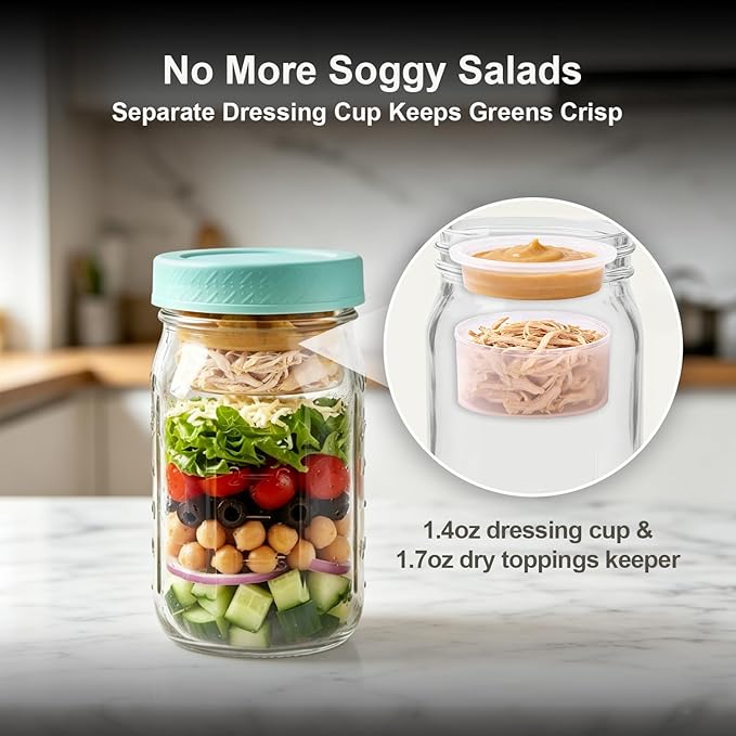 ComSaf 32oz Glass Salad Jars for Lunch 2-Pack, Round Mason Meal Prep Jars with Dressing Cup & Leakproof Lid, Anti-Soggy Salad Shaker for Office & Fitness, Precision Portion Control, Wellness