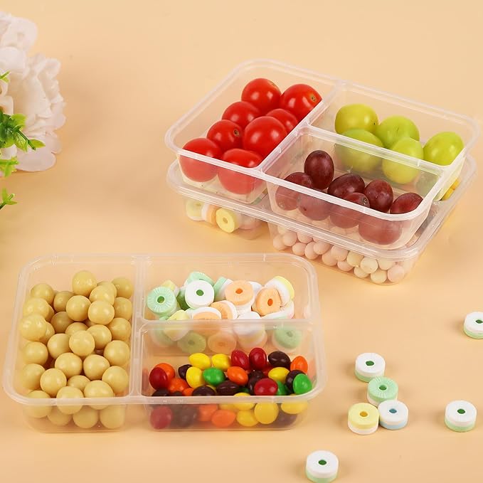 50 Pack 16 oz Clear Snack Containers with Lids, 3 Compartment Plastic Bento Boxes for Lunch, Travel, Work, Sauce, Dip, Condiments