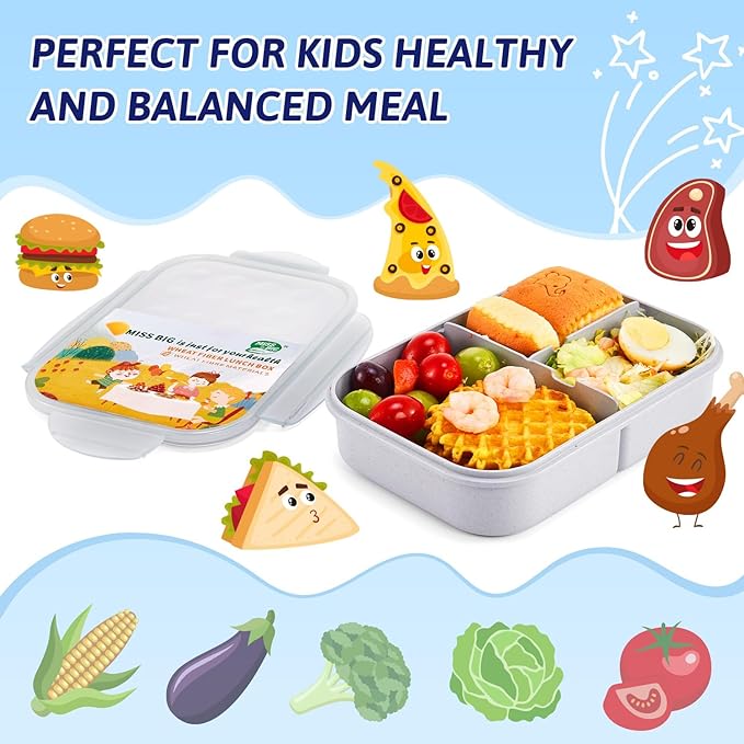 MISS BIG Bento Box for Kids, Leakproof Lunch Box, No BPAs & Chemical Dyes, M/W, D/W & Fridge Safe (1150ml Gray)