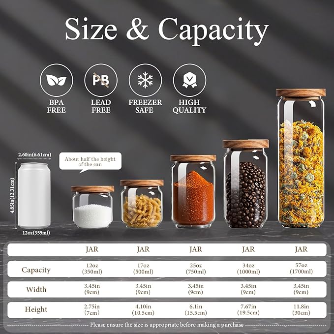 Glass Jars with Airtight Wood Lids - Small Large Kitchen Pantry Storage Containers, Canisters for Spaghetti, Noodles, Pasta, Ground Coffee, Sugar, Cereal, Spice, Salt, Salad, Matcha, Set of 5